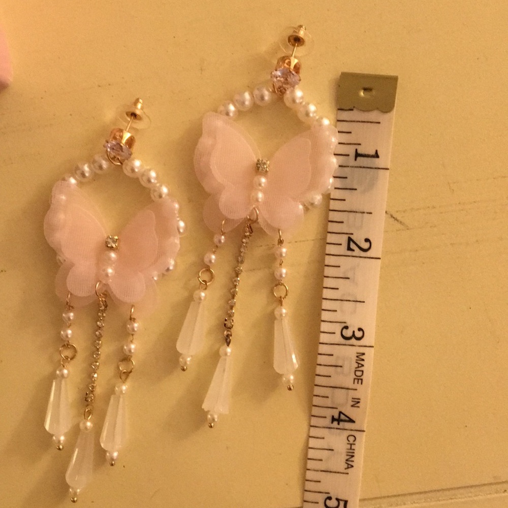 Pink Butterfly + Crystal Pearl Boho Drop Statement Earrings - Picture 10 of 11